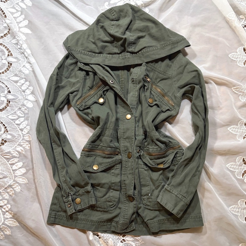 Y2K Grunge Subversive Olive Green Hooded Utility Field Jacket Cotton Small